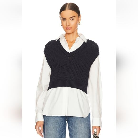 Theory Woven Combo Vest Shirt in Navy & White Size Large NWT Sweater - Picture 1 of 12